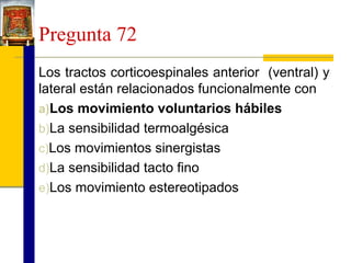 Pregunta 72
Los tractos corticoespinales anterior (ventral) y
lateral están relacionados funcionalmente con
a)Los movimiento voluntarios hábiles
b)La sensibilidad termoalgésica
c)Los movimientos sinergistas
d)La sensibilidad tacto fino
e)Los movimiento estereotipados

 