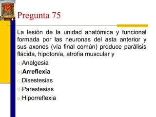 Pregunta 75
La lesión de la unidad anatómica y funcional
formada por las neuronas del asta anterior y
sus axones (vía final común) produce parálisis
flácida, hipotonía, atrofia muscular y
a)Analgesia
b)Arreflexia
c)Disestesias
d)Parestesias
e)Hiporreflexia

 