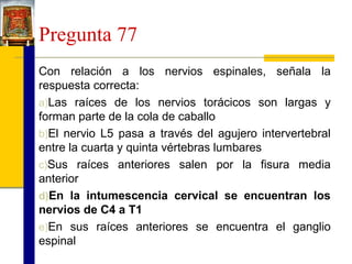 Pregunta 77
Con relación a los nervios espinales, señala la
respuesta correcta:
a)Las raíces de los nervios torácicos son largas y
forman parte de la cola de caballo
b)El nervio L5 pasa a través del agujero intervertebral
entre la cuarta y quinta vértebras lumbares
c)Sus raíces anteriores salen por la fisura media
anterior
d)En la intumescencia cervical se encuentran los
nervios de C4 a T1
e)En sus raíces anteriores se encuentra el ganglio
espinal

 