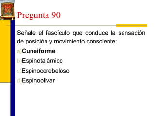 Pregunta 90
Señale el fascículo que conduce la sensación
de posición y movimiento consciente:
a)Cuneiforme
b)Espinotalámico
c)Espinocerebeloso
d)Espinoolivar

 