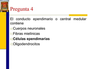 Pregunta 4
El conducto ependimario o central medular
contiene
a)Cuerpos neuronales
b)Fibras mielínicas
c)Células ependimarias
d)Oligodendrocitos

 