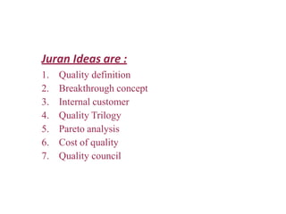 Juran Ideas are :
1. Quality definition
2. Breakthrough concept
3. Internal customer
4. Quality Trilogy
5. Pareto analysis
6. Cost of quality
7. Quality council
 