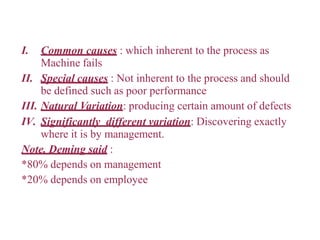 I. Common causes : which inherent to the process as
Machine fails
II. Special causes : Not inherent to the process and should
be defined such as poor performance
III. Natural Variation: producing certain amount of defects
IV. Significantly different variation: Discovering exactly
where it is by management.
Note. Deming said :
*80% depends on management
*20% depends on employee
 