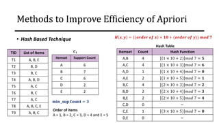 • Hash Based Technique
TID List of Items
T1 A, B, E
T2 B, D
T3 B, C
T4 A, B, D
T5 A, C
T6 B, C
T7 A, C
T8 A, B, C, E
T9 A, B, C
𝐦𝐢𝐧 _𝐬𝐮𝐩 𝐂𝐨𝐮𝐧𝐭 = 𝟑
Itemset Support Count
A 6
B 7
C 6
D 2
E 2
𝑪𝟏
Order of items
A = 1, B = 2, C = 3, D = 4 and E = 5
Itemset Count Hash Function
A,B 4 1 × 10 + 2 𝑚𝑜𝑑 7 = 𝟓
A,C 4 1 × 10 + 3 𝑚𝑜𝑑 7 = 𝟔
A,D 1 1 × 10 + 4 𝑚𝑜𝑑 7 = 𝟎
A,E 2 1 × 10 + 5 𝑚𝑜𝑑 7 = 𝟏
B,C 4 2 × 10 + 3 𝑚𝑜𝑑 7 = 𝟐
B,D 2 2 × 10 + 4 𝑚𝑜𝑑 7 = 𝟑
B,E 2 2 × 10 + 5 𝑚𝑜𝑑 7 = 𝟒
C,D 0 −
C,E 1 3 × 10 + 5 𝑚𝑜𝑑 7 = 𝟎
D,E 0 −
𝑯 𝒙, 𝒚 = (𝒐𝒓𝒅𝒆𝒓 𝒐𝒇 𝒙 × 𝟏𝟎 + (𝒐𝒓𝒅𝒆𝒓 𝒐𝒇 𝒚)) 𝒎𝒐𝒅 𝟕
Hash Table
Methods to Improve Efficiency of Apriori
 