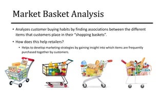 Market Basket Analysis
• Analyzes customer buying habits by finding associations between the different
items that customers place in their “shopping baskets”.
• How does this help retailers?
• Helps to develop marketing strategies by gaining insight into which items are frequently
purchased together by customers.
 