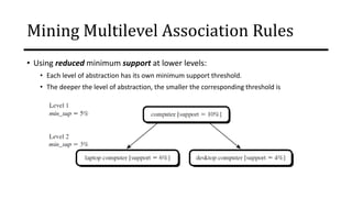 Mining Multilevel Association Rules
• Using reduced minimum support at lower levels:
• Each level of abstraction has its own minimum support threshold.
• The deeper the level of abstraction, the smaller the corresponding threshold is
 