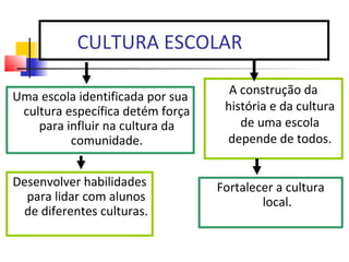 CULTURA ESCOLAR
A construção da
história e da cultura
de uma escola
depende de todos.
Uma escola identificada por sua
cultura específica detém força
para influir na cultura da
comunidade.
Desenvolver habilidades
para lidar com alunos
de diferentes culturas.
Fortalecer a cultura
local.
 