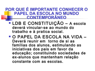  LDB E CONSTITUIÇÃO – A escola
deverá vincular-se ao mundo do
trabalho e à pratica social.
 O PAPEL DA ESCOLA NA VIDA –
Deverá reunir em torno de si as
famílias dos alunos, estimulando as
iniciativas dos pais em favor da
educação; constituindo sociedades de
ex-alunos que mantenham relação
constante com as escolas.
POR QUE É IMPORTANTE CONHECER O
PAPEL DA ESCOLA NO MUNDO
CONTEMPORÂNEO
 