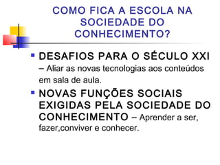 COMO FICA A ESCOLA NA
SOCIEDADE DO
CONHECIMENTO?
 DESAFIOS PARA O SÉCULO XXI
– Aliar as novas tecnologias aos conteúdos
em sala de aula.
 NOVAS FUNÇÕES SOCIAIS
EXIGIDAS PELA SOCIEDADE DO
CONHECIMENTO – Aprender a ser,
fazer,conviver e conhecer.
 
