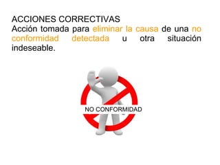 ACCIONES CORRECTIVAS Acción tomada para  eliminar la causa  de una  no conformidad detectada  u otra situación indeseable.  NO CONFORMIDAD 