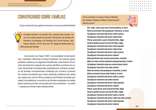 Curso de Aperfeiçoamento em Saúde Mental
e Atenção Psicossocial de Adolescentes e Jovens
Módulo: Adolescências e juventudes na contemporaneidade: diferentes perspectivas, diversidades, aspectos étnicos e culturais
30
Conversando sobre Famílias
O que você acha de a gente conversar um pouco sobre famílias?
De acordo com Sales (1997), na sociedade contemporâ-
nea, coexistem diferentes arranjos familiares. De maneira geral,
podemos observar as seguintes tendências: crescimento do nú-
mero de divórcios; redução do número de filhos; aumento do nú-
mero de famílias monoparentais chefiadas por mulheres; presen-
ça de famílias monoparentais chefiadas por homens; aumento
do número de adultos que vivem sozinhos; existência de casais
que optam por não ter filhos; presença de famílias formadas por
casais homoafetivos; ocorrência de famílias ampliadas formadas
pelos membros iniciais, acrescidas de novos membros – os netos
–, trazidos por filhas-mães adolescentes.
Êh, vida, vida, que amor brincadeira, à vera
Eles se amaram de qualquer maneira, à vera
Qualquer maneira de amor vale a pena
Qualquer maneira de amor vale amar
Pena, que pena, que coisa bonita, diga
Qual a palavra que nunca foi dita, diga
Qualquer maneira de amor vale aquela
Qualquer maneira de amor vale amar
Qualquer maneira de amor vale a pena
Qualquer maneira de amor valerá
Eles partiram por outros assuntos, muitos
Mas no meu canto estarão sempre juntos, muito
Qualquer maneira que eu cante esse canto
Qualquer maneira me vale cantar
Eles se amam de qualquer maneira, à vera
Eles se amam é pra vida inteira, à vera
Qualquer maneira de amor vale o canto
Qualquer maneira me vale cantar
Qualquer maneira de amor vale aquela
Qualquer maneira de amor valerá
Pena, que pena, que coisa bonita, diga
Qual a palavra que nunca foi dita, diga
Qualquer maneira de amor vale o canto
Qualquer maneira de amor vale me vale cantar
Qualquer maneira de amor vale aquela
Qualquer maneira de amor valerá
Famílias também no plural? Sim, porque são muitas. Há
um livro sobre direito de família (Dicionário de Direito de
Família e Sucessões, do Rodrigo da Cunha Pereira, São
Paulo: Saraiva, 2015) que tem 37 páginas dedicadas às
definições de família!
Você conhece a música Paula e Bebeto,
de Caetano Veloso e Milton Nascimento?
Vamos ouvir?
clique
e ouça
 