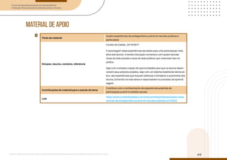 Curso de Aperfeiçoamento em Saúde Mental
e Atenção Psicossocial de Adolescentes e Jovens
Módulo: Adolescências e juventudes na contemporaneidade: diferentes perspectivas, diversidades, aspectos étnicos e culturais
44
material de apoio
Título do material
Quatro experiências de protagonismo juvenil em escolas públicas e
particulares
Sinopse, resumo, contexto, referência
Correio do Estado, 24/10/2017
A reportagem relata experiências escolares para uma participação mais
ativa dos alunos. A revista Educação conversou com quatro escolas
(duas da rede privada e duas da rede pública) que vivenciam isso na
prática.
Seja com a simples criação de oportunidades para que os alunos desen-
volvam seus próprios projetos, seja com um sistema totalmente democrá-
tico, são experiências que buscam estimular e fortalecer a autonomia dos
alunos, tornando-os mais ativos e responsáveis no processo de aprendi-
zagem.
Contribuições do material para o estudo do tema
Contribuir com o conhecimento de experiências potentes de
participação juvenil no âmbito escolar.
Link
https://www.correiodoestado.com.br/economia/profissoes/quatro-expe-
riencias-de-protagonismo-juvenil-em-escolas-publicas-e/314003/
6
 