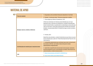 Curso de Aperfeiçoamento em Saúde Mental
e Atenção Psicossocial de Adolescentes e Jovens
Módulo: Adolescências e juventudes na contemporaneidade: diferentes perspectivas, diversidades, aspectos étnicos e culturais
51
Título do material
1 - De gravata e unha vermelha (Precisa ser adquirido no YouTube)
2 - Amarelo - é tudo para ontem (Precisa ser adquirido no Netflix)
Sinopse, resumo, contexto, referência
1 - Filme dirigido por Miriam Chnaiderman, 2015.
O filme traz entrevistas com diversas personalidades que, em suas
histórias de vida, colocaram em perspectiva o modelo de identificação
binário homem/mulher, e questionaram os estereótipos construídos para
cada um dos sexos. A discussão proposta pelo premiado documentário
brasileiro, da psicanalista Miriam Chnaiderman joga luz sobre a temática
LGBTQIA+.
2 - Emicida, 2021.
Neste filme documentário, o artista Emicida leva as suas rimas e os suces-
sos de Amarelo para o palco do Theatro Municipal de São Paulo em uma
noite histórica.
Contribuições do material para o estudo do tema
1 - Compartilhar elaborações que contribuam para maior conhecimento
do universo LGBTQIA+ com vistas a desconstrução de visões
estereotipadas e estigmatizadas.
2 - Apreender os significantes da ascensão da arte popular, sobretudo,
de ritmos periféricos como o rap localizado na história. Reconhecer seu
potencial político e referencial para jovens.
Link
1 - https://www.youtube.com/watch?v=bkNIdhOhLqI
2 - https://www.netflix.com/br/title/81354431
17
material de apoio
 