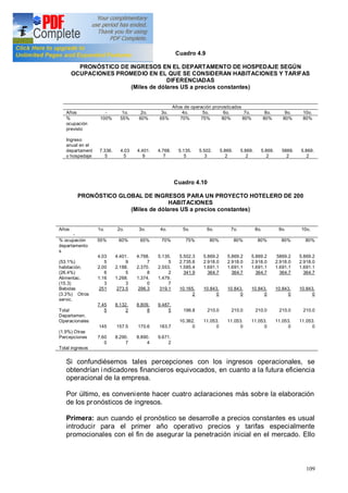 109
Cuadro 4.9
PRONÓSTICO DE INGRESOS EN EL DEPARTAMENTO DE HOSPEDAJE SEGÚN
OCUPACIONES PROMEDIO EN EL QUE SE CONSIDERAN HABITACIONES Y TARIFAS
DIFERENCIADAS
(Miles de dólares US a precios constantes)
Años de operación pronosticados
Años - 1o. 2o. 3o. 4o. 5o. 6o. 7o. 8o. 9o. 10o.
%
ocupación
previsto
Ingreso
anual en el
departament
o hospedaje
100%
7.336.
5
55%
4.03
5
60%
4.401.
9
65%
4.768.
7
70%
5.135.
5
75%
5.502.
3
80%
5.869.
2
80%
5.869.
2
80%
5.869.
2
80%
5869.
2
80%
5.869.
2
Cuadro 4.10
PRONÓSTICO GLOBAL DE INGRESOS PARA UN PROYECTO HOTELERO DE 200
HABITACIONES
(Miles de dólares US a precios constantes)
Años
-
1o. 2o. 3o. 4o. 5o. 6o. 7o. 8o. 9o. 10o.
% ocupación
departamento
s
(53.1%)
habitación.
(26.4%)
Alimentac.
(15.3)
Bebidas
(3.3%) Otros
servic.
Total
Departamen.
Operacionales
(1.9%) Otras
Percepciones
Total ingresos
55%
4.03
5
2.00
6
1.16
3
251
7.45
5
145
7.60
0
60%
4.401.
9
2.188.
5
1.268.
3
273.5
8.132.
2
157.5
8.290.
7
65%
4.768.
7
2.370.
8
1.374.
0
296.3
8.809.
8
170.6
8.890.
4
70%
5.135.
5
2.553.
2
1.479.
7
319.1
9.487.
5
183.7
9.671.
2
75%
5.502.3
2.735.6
1.585.4
341.9
10.165.
2
196.8
10.362.
0
80%
5.869.2
2.918.0
1.691.1
364.7
10.843.
0
210.0
11.053.
0
80%
5.869.2
2.918.0
1.691.1
364.7
10.843.
0
210.0
11.053.
0
80%
5.869.2
2.918.0
1.691.1
364.7
10.843.
0
210.0
11.053.
0
80%
5869.2
2.918.0
1.691.1
364.7
10.843.
0
210.0
11.053.
0
80%
5.869.2
2.918.0
1.691.1
364.7
10.843.
0
210.0
11.053.
0
Si confundiésemos tales percepciones con los ingresos operacionales, se
obtendrían indicadores financieros equivocados, en cuanto a la futura eficiencia
operacional de la empresa.
Por último, es conveniente hacer cuatro aclaraciones más sobre la elaboración
de los pronósticos de ingresos.
Primera: aun cuando el pronóstico se desarrolle a precios constantes es usual
introducir para el primer año operativo precios y tarifas especialmente
promocionales con el fin de asegurar la penetración inicial en el mercado. Ello
 