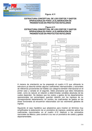 114
Figura. 4.11
ESTRUCTURA CONCEPTUAL DE LOS COSTOS Y GASTOS
OPERACIONALES PARA LA ELABORACIÓN DE
PRONÓSTICOS EN PROYECTOS HOTELEROS
Figura 4.11
ESTRUCTURA CONCEPTUAL DE LOS COSTOS Y GASTOS
OPERACIONALES PARA LA ELABORACIÓN DE
PRONÓSTICOS EN PROYECTOS HOTELEROS
A manera de orientación se ha preparado el cuadro 4.12 que utilizando la
estructura ya descrita exhibe algunos coeficientes internacionales y nacionales
de referencia provenientes de hoteles con categoría también internacional en el
primer caso y variada en el segundo. Debe precisarse que tales indicadores
están, como es natural, en relación a determinadas variables absolutas de las
cuales dependen. Se destaca que los costos y gastos de los departamentos
operacionales (en porcentajes), guardan relación con los ingresos de su
correspondiente departamento; en cambio, los coeficientes de gastos en las
áreas funcionales se encuentran relacionados con los volúmenes globales de
ingreso.
Siguiendo el caso hipotético que adoptamos para mostrar en términos muy
simplificados la elaboración de un pronóstico de ingresos, podemos aplicar los
coeficientes mencionados en el cuadro 4.12 relativos a los promedios
nacionales de México, para construir a su vez un pronóstico de costos y gastos
departamentales.
 