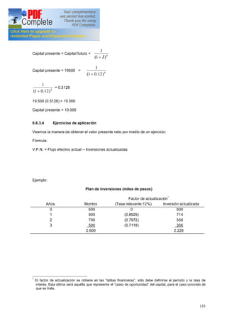 153
Capital presente = Capital futuro = n
I)1(
1
+
Capital presente = 19500 = 6
)12.01(
1
+
6
)12.01(
1
+
= 0.5128
19.500 (0.5128) = 10.000
Capital presente = 10.000
6.6.3.4 Ejercicios de aplicación
Veamos la manera de obtener el valor presente neto por medio de un ejercicio:
Fórmula:
V.P.N. = Flujo efectivo actual Inversiones actualizadas
Ejemplo:
Plan de inversiones (miles de pesos)
Factor de actualización
*
Años Montos (Tasa relevante:12%) Inversión actualizada
0
1
2
3
600
800
700
500
2.600
0
(0.8929)
(0.7972)
(0.7118)
600
714
558
356
2.228
*
El factor de actualización se obtiene en las tablas financieras , sólo debe definirse el período y la tasa de
interés. Esta última será aquélla que represente el costo de oportunidad del capital, para el caso concreto de
que se trate.
 