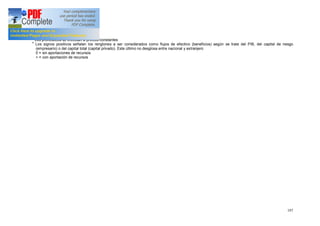 197
3
Los pronósticos se efectúan a precios constantes
4
Los signos positivos señalan los renglones a ser considerados como flujos de efectivo (beneficios) según se trate del PIB, del capital de riesgo
(empresario) o del capital total (capital privado). Este último no desglosa entre nacional y extranjero
0 = sin aportaciones de recursos
+ = con aportación de recursos
 