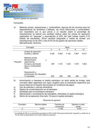 207
Egresos (gastos de operación)
Conceptos
a) Materias primas, reparaciones y combustibles; algunos de los insumos para los
departamentos de alimentos y bebidas, así como refacciones y combustibles,
son importados por lo que previo a un estudio sobre el porcentaje de
importaciones se estimó una cantidad relativa sobre los costos de operación
registrados en paquete y equivalentes al 20% del total (véase cuadro 5.14
Estado de resultados). Dicha cantidad (asignable a salida de divisas por
importaciones) es de 25% o sea el 5% de los gastos de operación totales.
Ejemplificando, tenemos:
Concepto Años
3 4 5 6 12
Paquete
Costos de operación
Sueldos y salarios
Materias primas
Mantenimiento y
reparaciones
Energía y alumbrado
Agua y combustibles
Otros
Depreciación y
amortización de intangibles
% Importado
4.536
907
226*
5.805
1.161
290
7.128
1.425
356
7.897
1.579
394
9.517
1.903
475
b) Amortización e intereses al crédito extranjero; en tanto salida de divisas, este
concepto debe registrarse con signo negativo para la evaluación específica que
busca observar el impacto del proyecto en la balanza de pagos.
c) Uso de patentes y marcas extranjeras
d) Gastos de comercialización en el extranjero
e) Utilidades para el empresario extranjero
f) Depreciación y amortización de intangibles, atribuibles al capital extranjero
g) Monto de recuperación final (año 13) para el capital extranjero
Resumen de egresos
Concepto Montos totales Factores de
conversión
Egresos a costo
social
a 4.075 (1.48) 6.031
*
La cantidad de 226 es un porcentaje equivalente al 25% de 907 (del grupo denominado paquete ) y resulta ser el
5% de 4536 correspondiente a los costos totales de operación.
 