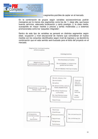 81
para la mezcla a elegir entre segmentos posi bles de captar en el mercado.
En la combinación de grupos según variables socioeconómicas podrán
manejarse por lo menos dos segmentos como los de: 1. clase alta, que busca
buenos servicios, adecuada localización y cierto prestigio; 2, la clase media,
susceptible en mayor medida a precios y tarifas moderadas y a sistemas
promocionales como los paquetes integrales .
Dentro de este tipo de variables se pensará en distintos segmentos según
edad, ocupación y nivel educacional de manera que coincidieran en buena
medida con los conjuntos identificados según nivel de ingresos y se decidirá la
combinación que en este sentido será buscada para el éxito del proyecto en el
mercado.
 