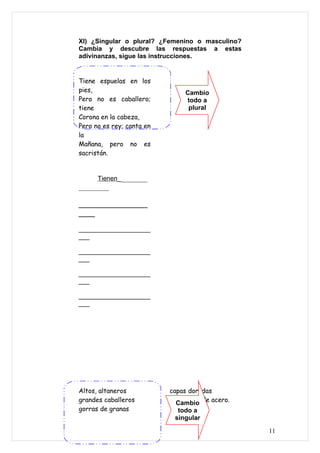 XI) ¿Singular o plural? ¿Femenino o masculino?
Cambia y descubre las respuestas a estas
adivinanzas, sigue las instrucciones.


Tiene espuelas en los
pies,                           Cambio
Pero no es caballero;           todo a
tiene                            plural
Corona en la cabeza,
Pero no es rey; canta en
la
Mañana, pero no es
sacristán.


      Tienen________
________

_________________
____

____________________
___

____________________
___

____________________
___

____________________
___




Altos, altaneros           capas doradas
grandes caballeros         y espuelas de acero.
                             Cambio
gorras de granas             todo a
                            singular

                                                  11
 