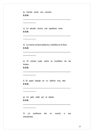b) Camila canta una canción.
E.O.B:
_____________________________________________
____________


c) La abuela cocina una apetitosa cena.
E.O.B:
_____________________________________________
____________


d) La mamá compra plátanos y cebollas en la feria.
E.O.B:
_____________________________________________
____________


e)   El    cóndor vuela   sobre   la   Cordillera   de   los
Andes.
E.O.B:
_____________________________________________
____________


f) El papá trabaja en un edificio muy alto.
E.O.B:
_____________________________________________
____________


g) Un gato salta por el tejado.
E.O.B:
_____________________________________________
____________


h)    La     profesora    lee     un   cuento       a    sus
estudiantes.




                                                               25
 