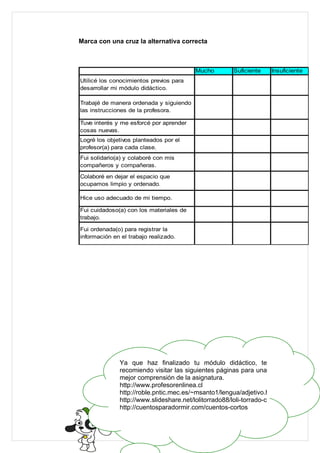 Marca con una cruz la alternativa correcta



                                         Mucho       Suficiente   Insuficiente
Utilicé los conocimientos previos para
desarrollar mi módulo didáctico.

Trabajé de manera ordenada y siguiendo
las instrucciones de la profesora.

Tuve interés y me esforcé por aprender
cosas nuevas.
Logré los objetivos planteados por el
profesor(a) para cada clase.
Fui solidario(a) y colaboré con mis
compañeros y compañeras.

Colaboré en dejar el espacio que
ocupamos limpio y ordenado.

Hice uso adecuado de mi tiempo.

Fui cuidadoso(a) con los materiales de
trabajo.

Fui ordenada(o) para registrar la
información en el trabajo realizado.




              Ya que haz finalizado tu módulo didáctico, te
              recomiendo visitar las siguientes páginas para una
              mejor comprensión de la asignatura.
              http://www.profesorenlinea.cl
              http://roble.pntic.mec.es/~msanto1/lengua/adjetivo.htm
              http://www.slideshare.net/lolitorrado88/loli-torrado-cambados-presenta
              http://cuentosparadormir.com/cuentos-cortos


                                                                  33
 