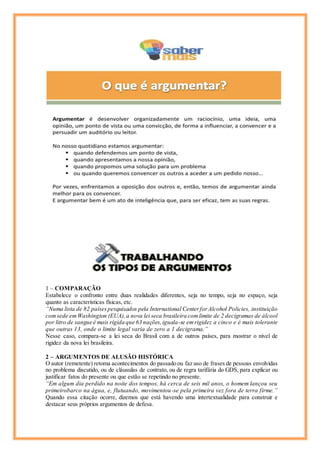 1 – COMPARAÇÃO
Estabelece o confronto entre duas realidades diferentes, seja no tempo, seja no espaço, seja
quanto as características físicas, etc.
“Numa lista de 82 paísespesquisados pela International CenterforAlcohol Policies, instituição
comsede emWashington (EUA),a nova lei seca brasileira comlimite de 2 decigramas de álcool
por litro de sangue é mais rígida que 63 nações,iguala-se emrigidez a cinco e é mais tolerante
que outras 13, onde o limite legal varia de zero a 1 decigrama.”
Nesse caso, compara-se a lei seca do Brasil com a de outros países, para mostrar o nível de
rigidez da nova lei brasileira.
2 – ARGUMENTOS DE ALUSÃO HISTÓRICA
O autor (remetente) retoma acontecimentos do passado ou faz uso de frases de pessoas envolvidas
no problema discutido, ou de cláusulas de contrato, ou de regra tarifária do GDS, para explicar ou
justificar fatos do presente ou que estão se repetindo no presente.
“Em algum dia perdido na noite dos tempos, há cerca de seis mil anos, o homem lançou seu
primeirobarco na água, e, flutuando, movimentou-se pela primeira vez fora de terra firme.”
Quando essa citação ocorre, dizemos que está havendo uma intertextualidade para construir e
destacar seus próprios argumentos de defesa.
 