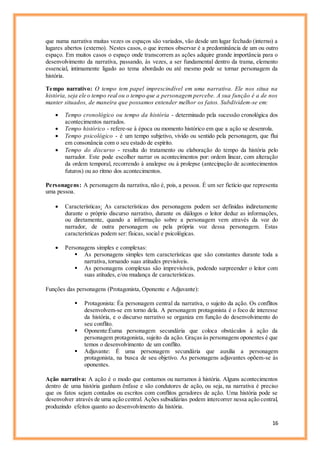16
que numa narrativa muitas vezes os espaços são variados, vão desde um lugar fechado (interno) a
lugares abertos (externo). Nestes casos, o que iremos observar é a predominância de um ou outro
espaço. Em muitos casos o espaço onde transcorrem as ações adquire grande importância para o
desenvolvimento da narrativa, passando, às vezes, a ser fundamental dentro da trama, elemento
essencial, intimamente ligado ao tema abordado ou até mesmo pode se tornar personagem da
história.
Tempo narrativo: O tempo tem papel imprescindível em uma narrativa. Ele nos situa na
história, seja ele o tempo real ou o tempo que a personagem percebe. A sua função é a de nos
manter situados, de maneira que possamos entender melhor os fatos. Subdividem-se em:
 Tempo cronológico ou tempo da história - determinado pela sucessão cronológica dos
acontecimentos narrados.
 Tempo histórico - refere-se à época ou momento histórico em que a ação se desenrola.
 Tempo psicológico - é um tempo subjetivo, vivido ou sentido pela personagem, que flui
em consonância com o seu estado de espírito.
 Tempo do discurso - resulta do tratamento ou elaboração do tempo da história pelo
narrador. Este pode escolher narrar os acontecimentos por: ordem linear, com alteração
da ordem temporal, recorrendo à analepse ou à prolepse (antecipação de acontecimentos
futuros) ou ao ritmo dos acontecimentos.
Personagens: A personagem da narrativa, não é, pois, a pessoa. É um ser fictício que representa
uma pessoa.
 Características: As características dos personagens podem ser definidas indiretamente
durante o próprio discurso narrativo, durante os diálogos o leitor deduz as informações,
ou diretamente, quando a informação sobre a personagem vem através da voz do
narrador, de outra personagem ou pela própria voz dessa personagem. Estas
características podem ser: físicas, social e psicológicas.
 Personagens simples e complexas:
 As personagens simples tem características que são constantes durante toda a
narrativa, tornando suas atitudes previsíveis.
 As personagens complexas são imprevisíveis, podendo surpreender o leitor com
suas atitudes, e/ou mudança de características.
Funções das personagens (Protagonista, Oponente e Adjuvante):
 Protagonista: Éa personagem central da narrativa, o sujeito da ação. Os conflitos
desenvolvem-se em torno dela. A personagem protagonista é o foco de interesse
da história, e o discurso narrativo se organiza em função do desenvolvimento do
seu conflito.
 Oponente:Éuma personagem secundária que coloca obstáculos à ação da
personagem protagonista, sujeito da ação. Graças às personagens oponentes é que
temos o desenvolvimento de um conflito.
 Adjuvante: É uma personagem secundária que auxilia a personagem
protagonista, na busca de seu objetivo. As personagens adjuvantes opõem-se às
oponentes.
Ação narrativa: A ação é o modo que contamos ou narramos à história. Alguns acontecimentos
dentro de uma história ganham ênfase e são condutores de ação, ou seja, na narrativa é preciso
que os fatos sejam contados ou escritos com conflitos geradores de ação. Uma história pode se
desenvolver através de uma ação central. Ações subsidiárias podem intercorrer nessa ação central,
produzindo efeitos quanto ao desenvolvimento da história.
 