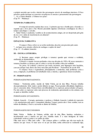 60
o próprio narrador que revela o interior dos personagens através de monólogos interiores. O foco
narrativo ganha destaque ao converter em palavras os anseios e pensamentos das personagens.
"... Aí, a coleira diminuiu e Fabiano teve pena".
(Cap. 01 – Mudança)
TEMPO DA NARRATIVA
O tempo de narrativa medeia duas secas. A primeira que traz a família para a fazenda e a
segunda que a leva para o Sul. Mesmo possuindo algumas referências cronológicas na obra, o
tempo é psicológico e circular.
"... Sinhá Vitória é saudosista. Lembra-se de acontecimentos antigos, até ser despertada pelo grito
da ave e ter a idéia de transformá-la em alimento".
(Cap. 01 – Mudança)
ESPAÇO DA NARRATIVA
O espaço é físico, refere-se ao sertão nordestino, descrito com precisão pelo autor.
"... na lagoa seca, torrada, coberta de caatingas e capões de mato".
(Cap. 11 – O soldado Amarelo)
III – ESCOLA LITERÁRIA:
A literatura quase sempre privilegia o romance quando quer retratar a realidade,
analisando ou denunciando-a.
O Brasil e o mundo viveram profundas crises nas décadas de 1930 e 40, nesse momento o
romance brasileiro se destaca, pois se coloca a serviço da análise crítica da realidade.
Na prosa, foi evidente o interesse por temas nacionais, uma linguagem mais brasileira,
com um enfoque mais direto dos fatos marcados pelo Realismo – Naturalismo do século XIX.
O romance focou o regionalismo, principalmente o nordestino, onde problemas como a
seca, a migração, os problemas do trabalhador rural, a miséria, a ignorância foram ressaltados.
IV - PERSONAGENS:
PERSONAGEM PROTAGONISTA
Fabiano – Nordestino pobre, marido de Sinhá Vitória, pai de dois filhos. Procura trabalho
desesperadamente, bebe muito e perde dinheiro no jogo. Possui grandes dificuldades lingüísticas,
mas é consciente delas. Homem bruto com dificuldade de se expressar, possui atitudes selvagens.
Por não saber se expressar entra num processo de isolamento, aproximando-se dos animais, com
os quais se identifica melhor.
PERSONAGEM ANTAGONISTA
Soldado Amarelo – Corrupto, oportunista e medroso, o Soldado Amarelo é símbolo de repressão
e do autoritarismo pelo qual é comandado (ditadura Vargas), porém não é forte sozinho; sem as
ordens da ditadura, é fraco e acovarda-se diante de Fabiano.
PERSONAGENS SECUNDÁRIOS
Sinhá Vitória – Mulher de Fabiano, sofrida, mãe de dois filhos, lutadora, sonhadora e
inconformada com a miséria em que vive, trabalha muito. É a mais inteligente de todos
controlando assim as contas e os sonhos de todos.
Filho mais novo e Filho mais velho – São crianças pobres e sofridas que não tem noção da
miséria em que vivem. O mais novo vê no pai um ídolo, sonha sobressair-se realizando algo,
 