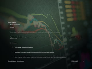 a) Nível de quebra
Quebra Desconhecida
Definição
Consiste na parte dos lucros esperados que, de acordo com o nível de stocks nos inventários, não chegam a ser realizados.
A quebra desconhecida é a diferença entre o stock teórico e o stock real, ou seja, a diferença entre o que deveríamos ter de acordo com a nossa atividade empresarial e o que
realmente temos.
As três causas:
• Furto externo – pessoas alheias à empresa.
• Furto interno – empregados da própria empresa ou pessoas com atividades ligadas à empresa.
• Erros de gestão – resultado de falhas de gestão não intencionadas, como por exemplo registo de vendas com preços errados.
Coordenadora : Ana Barreto 19-03-2025 21
 