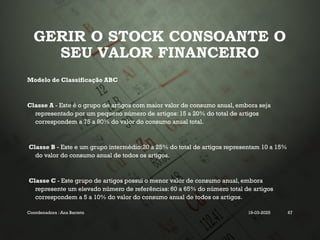 GERIR O STOCK CONSOANTE O
SEU VALOR FINANCEIRO
Modelo de Classificação ABC
Classe A - Este é o grupo de artigos com maior valor de consumo anual, embora seja
representado por um pequeno número de artigos: 15 a 20% do total de artigos
correspondem a 75 a 80% do valor do consumo anual total.
Classe B - Este e um grupo intermédio:20 a 25% do total de artigos representam 10 a 15%
do valor do consumo anual de todos os artigos.
Classe C - Este grupo de artigos possui o menor valor de consumo anual, embora
represente um elevado número de referências: 60 a 65% do número total de artigos
correspondem a 5 a 10% do valor do consumo anual de todos os artigos.
Coordenadora : Ana Barreto 19-03-2025 67
 