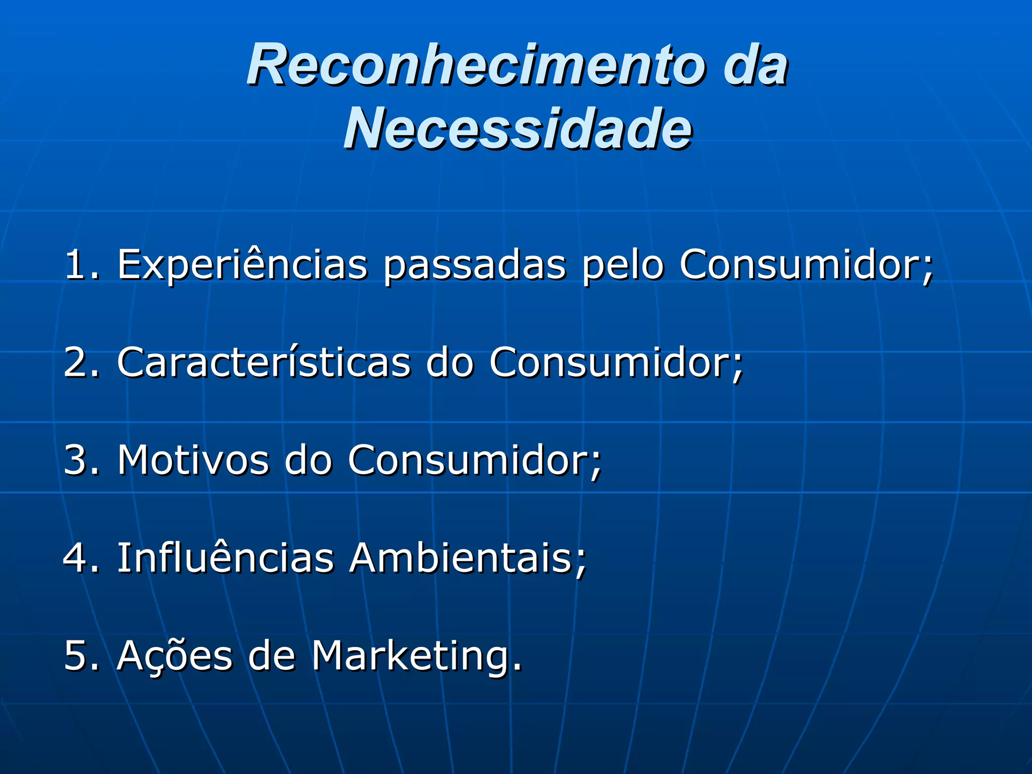 Reconhecimento da Necessidade 1. Experiências passadas pelo Consumidor; 2. Características do Consumidor; 3. Motivos do Consumidor; 4. Influências Ambientais; 5. Ações de Marketing. 