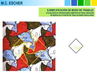 M.C. ESCHER
EJEMPLIFICACIÓN DE MODO DE TRABAJO
UTILIZACIÓN DE OPERACIONES SIMÉTRICAS PARA CREACIÓN
DE MÓDULOS A PARTIR DE TESELACIONES REGULARES
 