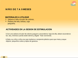 NIÑO DE 7 A 9 MESES
33
MATERIALES A UTILIZAR
 Sabana o tela circular de colores.
 Pedazo de tela, bolsas, caja
pequeña.
ACTIVIDADES EN LA SESION DE ESTIMULACION
5.Con una sabana circular de colores jueguen a esconderse bajo de ella, deben esconderse
los dos, mírense cuando estén dentro y dígale ``hola 'sonriendo.
6.Dele a su niño o niña una caja mediana o recipiente plástico para que meta y saque
objetos pequeños cubos y tapas de gaseosa.
 