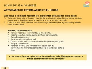 NIÑ O DE 13 A 14 M ESES
ACTIVIDADES DE ESTIMULACION EN EL HOGAR
Aconseje a la madre realizar las siguientes actividades en la casa:
1. Tome a la niña o niño en brazos y cuando fije la mirada en usted, llámelo por su nombre,
juegue con el, hágale muecas, abra y cierre la boca, los ojos y sonríale.
2. Cuando la niña o niño vocalice, murmure o haga balbuceos(aaa, agu) sonríale y háblele
como contestando.
ADEMAS, TODOS LOS DIAS…
 Abrazar y acariciar suavemente a la niña o niño.
 Hacerle escuchar música clásica o infantil para relajarlo.
 Cantarle suavemente.
 Darle masajes tocando su piel.
 Cunado la niña o niño lo este mirando, desaparezca para que lo
busque con la mirada.
 Poner en practica una actividad de la sesión por día
aprovechando momentos como el baño o el cambio de pañal o
ropa.
« Las manos, brazos y piernas de tu niño deben estar libres para moverse, a
través del movimiento ellos aprenden».
46
 
