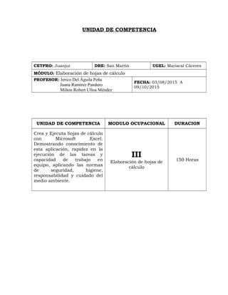 UNIDAD DE COMPETENCIA
CETPRO: Juanjuí DRE: San Martín UGEL: Mariscal Cáceres
MÓDULO: Elaboración de hojas de cálculo
PROFESOR: Jerico Del Águila Peña
Juana Ramírez Panduro
Milton Robert Ulloa Méndez
FECHA: 03/08/2015 A
09/10/2015
UNIDAD DE COMPETENCIA MODULO OCUPACIONAL DURACION
Crea y Ejecuta hojas de cálculo
con Microsoft Excel.
Demostrando conocimiento de
esta aplicación, rapidez en la
ejecución de las tareas y
capacidad de trabajo en
equipo, aplicando las normas
de seguridad, higiene,
responsabilidad y cuidado del
medio ambiente.
III
Elaboración de hojas de
cálculo
150 Horas
 