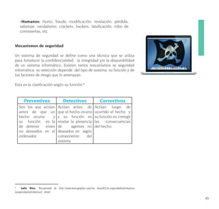 45
-Humanos: Hurto, fraude, modificación, revelación, pérdida,
sabotaje, vandalismo, crackers, hackers, falsificación, robo de
contraseñas, etc
Mecanismos de seguridad
Un sistema de seguridad se define como una técnica que se utiliza
para fortalecer la confidencialidad, la integridad y/o la disponibilidad
de un sistema informático. Existen varios mecanismos se seguridad
informática; su selección depende del tipo de sistema, su función y de
los factores de riesgo que lo amenazan.
Esta es la clasificación según su función:6
Preventivos Detectivos Correctivos
Son los que actúan
antes de que un
hecho ocurra y
su función es la
de detener entes
no deseados en el
ordenador.
Actúan antes de
que el hecho ocurra
y su función es
revelar la presencia
de agentes no
deseados en algún
componente del
sistema
Actúan luego de
ocurrido el hecho y
su función es corregir
las consecuencias
del hecho.
6
Julio Rios. Recuperado de http://www.monografias.com/tra bajos82/la-seguridadinformatica/
laseguridadinformatica2. shtml
 