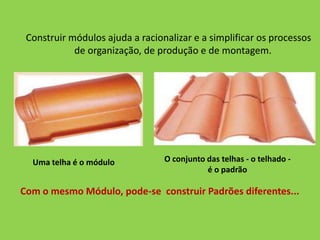 Construir módulos ajuda a racionalizar e a simplificar os processos
            de organização, de produção e de montagem.




  Uma telha é o módulo           O conjunto das telhas - o telhado -
                                            é o padrão

Com o mesmo Módulo, pode-se construir Padrões diferentes...
 