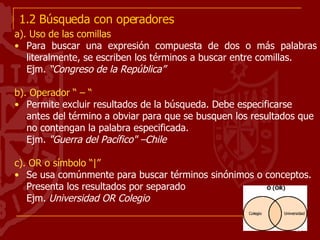 1.2 Búsqueda con operadores a). Uso de las comillas Para buscar una expresión compuesta de dos o más palabras literalmente, se escriben los términos a buscar entre comillas.  Ejm.  “Congreso de la República” b). Operador “ – “ Permite excluir resultados de la búsqueda. Debe especificarse antes del término a obviar para que se busquen los resultados que no contengan la palabra especificada.  Ejm.  "Guerra del Pacífico" –Chile c). OR o símbolo “|” Se usa comúnmente para buscar términos sinónimos o conceptos. Presenta los resultados por separado Ejm.  Universidad OR Colegio 