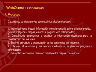 WebQuest :  Elaboración Procesos  Cada grupo tendrá a su vez que seguir los siguientes pasos: 1. Individualmente buscar información complementaria sobre el tema elegido.  (textos, imágenes, mapas, enlaces a páginas web relacionadas) 2. Grupalmente seleccionar y analizar la información necesaria para la construcción del resumen. 3. Elegir la estructura y organización de los contenidos del resumen. 4. Elaborar el resumen y los mapas mediante el empleo de programas informáticos 5. Presentar y exponer el resumen mediante los mapas construidos  