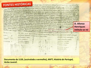 Documento de 1139, (assinalado a vermelho), ANTT, História de Portugal,
Verbo Juvenil.
D. Afonso
Henriques
intitula-se rei
 