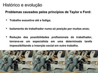  Trabalho exaustivo até a fadiga;
 Isolamento do trabalhador numa só posição por muitos anos;
 Redução das possibilidades profissionais do trabalhador,
tornava-se um especialista em uma determinada tarefa
impossibilitando a inserção social em outro trabalho.
Problemas causados pelos princípios de Taylor e Ford:Problemas causados pelos princípios de Taylor e Ford:
Histórico e evolução
 