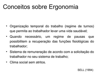 • Organização temporal do trabalho (regime de turnos)
que permita ao trabalhador levar uma vida saudável;
• Quando necessário, um regime de pausas que
possibilitem a recuperação das funções fisiológicas do
trabalhador;
• Sistema de remuneração de acordo com a solicitação do
trabalhador no seu sistema de trabalho;
• Clima social sem atritos.
SELL (1994)
Conceitos sobre Ergonomia
 