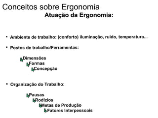 Atuação da Ergonomia:Atuação da Ergonomia:
 Ambiente de trabalho: (conforto) iluminação, ruído, temperatura...
 Postos de trabalho/Ferramentas:
Dimensões
Formas
Concepção
 Organização do Trabalho:
Pausas
Rodízios
Metas de Produção
Fatores Interpessoais
Conceitos sobre Ergonomia
 