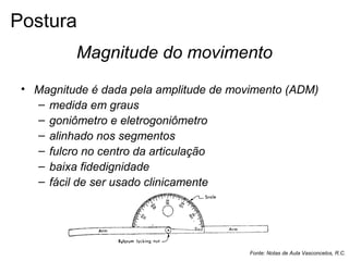 Magnitude do movimento
• Magnitude é dada pela amplitude de movimento (ADM)
– medida em graus
– goniômetro e eletrogoniômetro
– alinhado nos segmentos
– fulcro no centro da articulação
– baixa fidedignidade
– fácil de ser usado clinicamente
Fonte: Notas de Aula Vasconcelos, R.C.
Postura
 