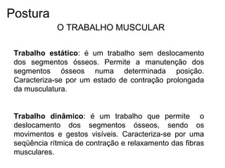 Trabalho estático: é um trabalho sem deslocamento
dos segmentos ósseos. Permite a manutenção dos
segmentos ósseos numa determinada posição.
Caracteriza-se por um estado de contração prolongada
da musculatura.
Trabalho dinâmico: é um trabalho que permite o
deslocamento dos segmentos ósseos, sendo os
movimentos e gestos visíveis. Caracteriza-se por uma
seqüência rítmica de contração e relaxamento das fibras
musculares.
O TRABALHO MUSCULAR
Postura
 