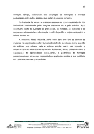 Site: www.ucamprominas.com.br
E-mail: ouvidoria@institutoprominas.com.br ou diretoria@institutoprominas.com.br
Telefone: (0xx31) 3865-1400
Horários de Atendimento: manhã - 08:00 as 12:00 horas / tarde - 13:15 as 18:00 horas
57
correção, reforço, substituição e/ou adaptação de condições e recursos
pedagógicos, entre outros aspectos que afetam o processo formativo.
Na instância da escola, a avaliação preocupa-se com a qualidade da vida
institucional condicionada pelas relações efetivadas no e pelo trabalho. Aqui,
constituem objeto de avaliação os professores, os métodos, os currículos e os
programas, a infraestrutura, a tecnologia, o estilo de gestão, o projeto pedagógico, a
cultura escolar, etc.
A avaliação, nessa instância, provê base para todo tipo de decisão de
mudança na organização escolar. Numa instância limite, a avaliação instrui a gestão
de políticas que atingem todo o sistema escolar, como, por exemplo, a
universalização da educação de qualidade. Avaliam-se, então, problemas como a
equalização de oportunidades educacionais, a pertinência da formação
proporcionada em termos das necessidades e aspirações sociais, a sua qualidade
etc., conforme mostra o quadro abaixo.
 
