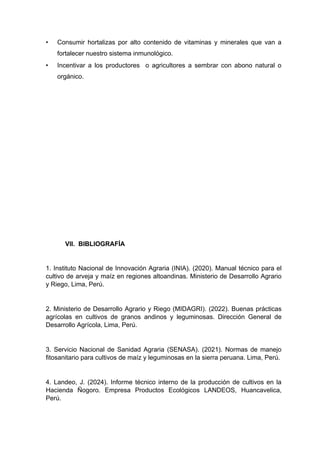 • Consumir hortalizas por alto contenido de vitaminas y minerales que van a
fortalecer nuestro sistema inmunológico.
• Incentivar a los productores o agricultores a sembrar con abono natural o
orgánico.
VII. BIBLIOGRAFÍA
1. Instituto Nacional de Innovación Agraria (INIA). (2020). Manual técnico para el
cultivo de arveja y maíz en regiones altoandinas. Ministerio de Desarrollo Agrario
y Riego, Lima, Perú.
2. Ministerio de Desarrollo Agrario y Riego (MIDAGRI). (2022). Buenas prácticas
agrícolas en cultivos de granos andinos y leguminosas. Dirección General de
Desarrollo Agrícola, Lima, Perú.
3. Servicio Nacional de Sanidad Agraria (SENASA). (2021). Normas de manejo
fitosanitario para cultivos de maíz y leguminosas en la sierra peruana. Lima, Perú.
4. Landeo, J. (2024). Informe técnico interno de la producción de cultivos en la
Hacienda Ñogoro. Empresa Productos Ecológicos LANDEOS, Huancavelica,
Perú.
 