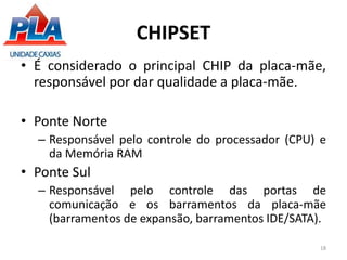 CHIPSET
• É considerado o principal CHIP da placa-mãe,
responsável por dar qualidade a placa-mãe.
• Ponte Norte
– Responsável pelo controle do processador (CPU) e
da Memória RAM
• Ponte Sul
– Responsável pelo controle das portas de
comunicação e os barramentos da placa-mãe
(barramentos de expansão, barramentos IDE/SATA).
18
 