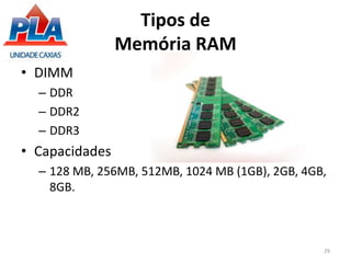 Tipos de
Memória RAM
• DIMM
– DDR
– DDR2
– DDR3
• Capacidades
– 128 MB, 256MB, 512MB, 1024 MB (1GB), 2GB, 4GB,
8GB.
29
 